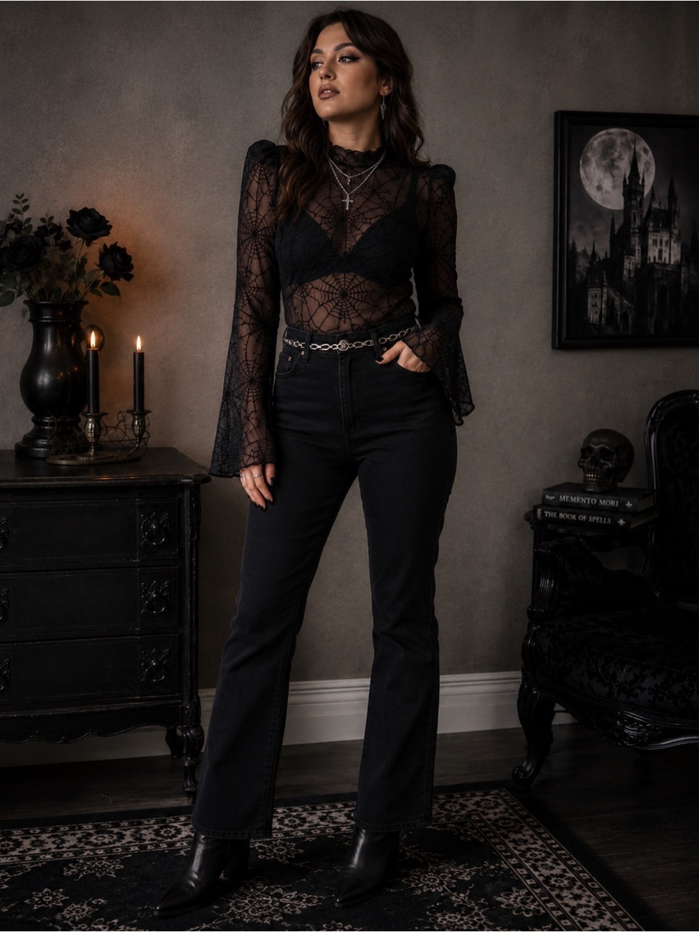 Sheer Black Gothic Lace Bell-Sleeve Blouse